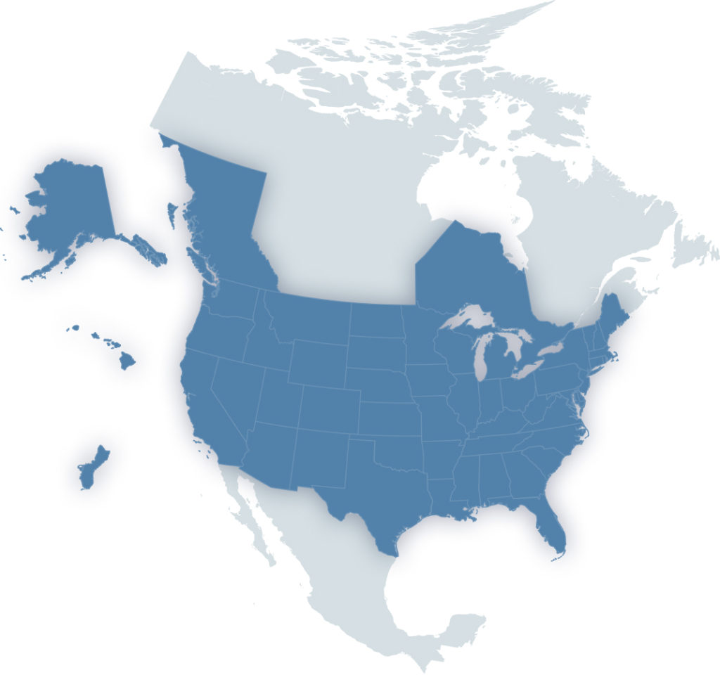 Map of North America and partially Central America, with The United States of America in blue